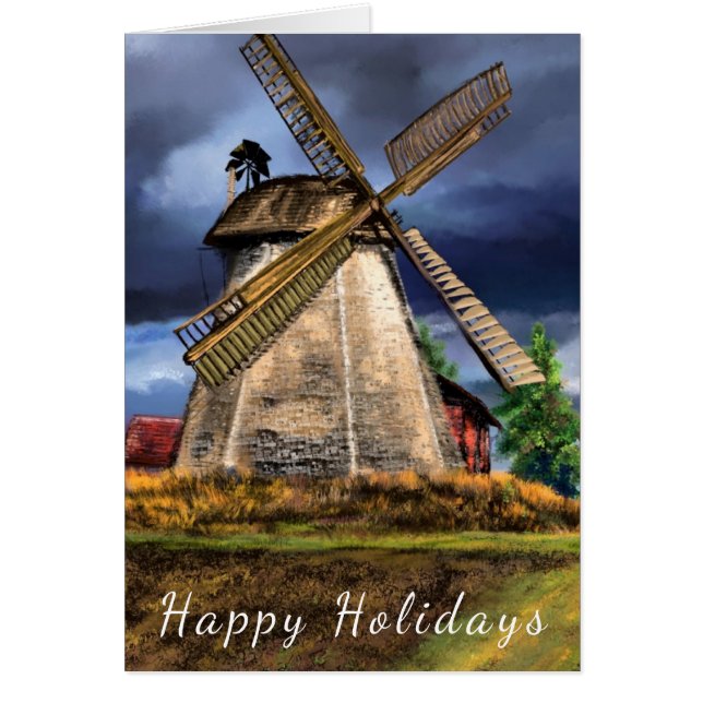 Happy Holidays Card Netherlands Windmill Landscape (Front)