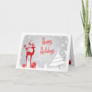Happy Holidays Card Red, Grey, White Deer