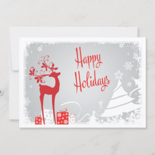 Happy Holidays Card   Red, Grey, White Deer