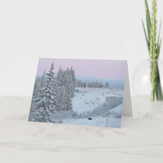 Happy holidays card with snow, spruce, and a moose