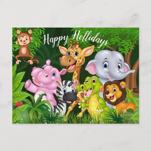 Happy Holidays Cartoon Safari Animals postcard (Front)