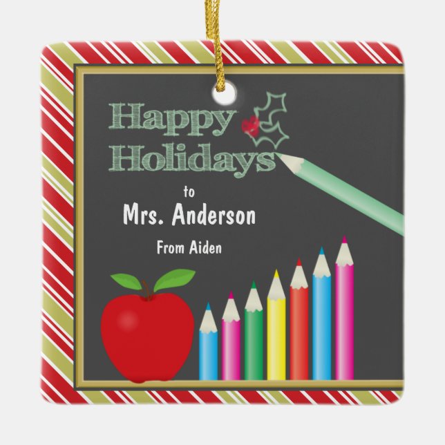 Happy Holidays Chalkboard, Personalised Teacher Ceramic Ornament (Front)