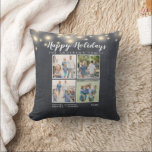 Happy Holidays Chalkboard String Lights Photo Cushion<br><div class="desc">Chalkboard background with string lights Happy Holiday 4 photo collage. Customise with family name year and names. You can also customise the Happy Holidays to say Merry Christmas or leave it blank,  it is all up to you.</div>