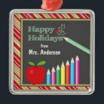 Happy Holidays Chalkboard Teacher Metal Tree Decoration<br><div class="desc">This Christmas tree ornament features a chalkboard,  a red apple and colour pencils. The text on the chalkboard reads: Happy Holidays. Customisable text allows you to add "to or from" and a personal name.</div>