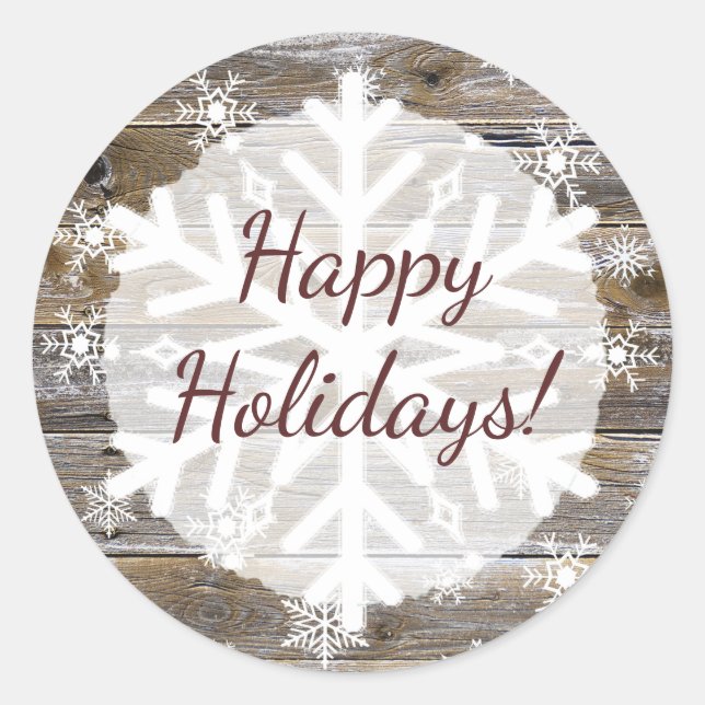 Happy Holidays Charming Wood and Snowflakes Classic Round Sticker (Front)
