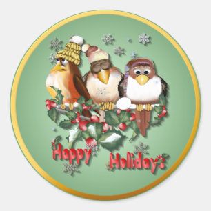 Happy Holidays Chirstmas Birds-Stickers Classic Round Sticker