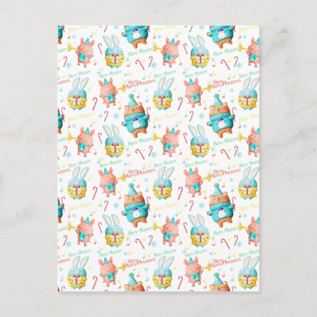 Happy Holidays Christmas Animals Pattern Holiday Postcard (Front)