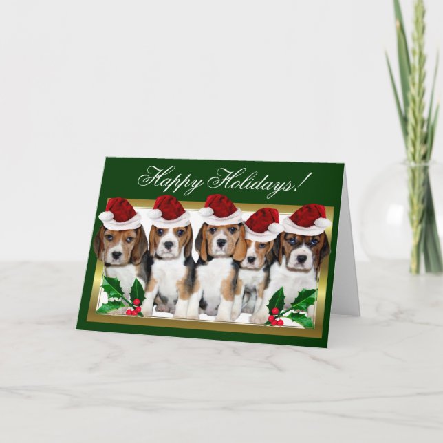 Happy Holidays Christmas beagle puppies card (Front)