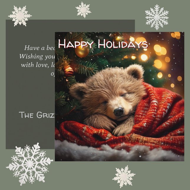 Happy Holidays Christmas Bear Slumber Holiday Card (deep peace & winter warmth personalised square Christmas card. adorable bear cub sleeping under tree)