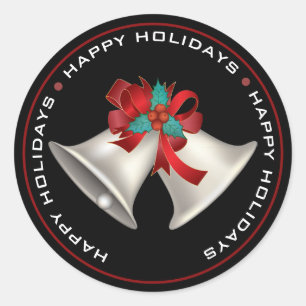 HAPPY HOLIDAYS, CHRISTMAS  BELLS ON BLACK CLASSIC ROUND STICKER