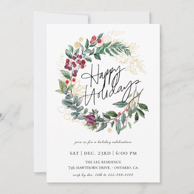 Happy Holidays Christmas Botanical Wreath Invitation (Front)
