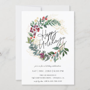 Happy Holidays Christmas Botanical Wreath Invitation