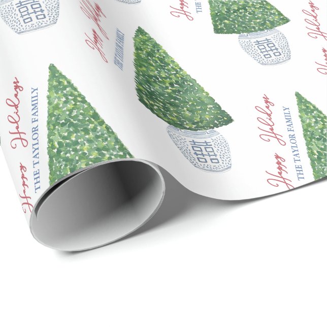 Happy Holidays Christmas Boxwood Topiary Tree Wrapping Paper (Roll Corner)
