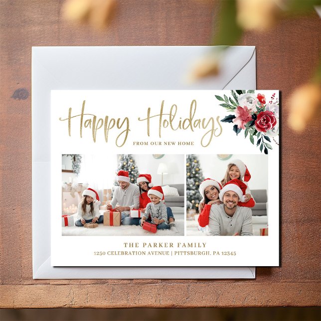 Happy Holidays | Christmas Change of Address Photo Holiday Postcard (An elegant, festive holiday card with photos from your new home)