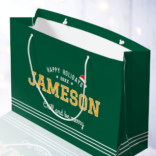Happy Holidays Christmas Custom Name Green Gold Large Gift Bag