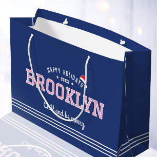 Happy Holidays Christmas Custom Name Navy Pink Red Large Gift Bag