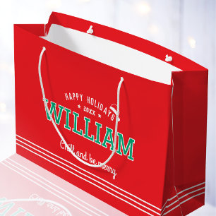 Happy Holidays Christmas Custom Name Red Green Large Gift Bag