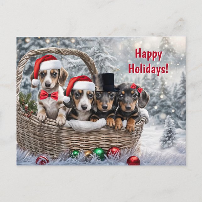 Happy Holidays Christmas Cute Dachshund Puppies  Holiday Postcard (Front)