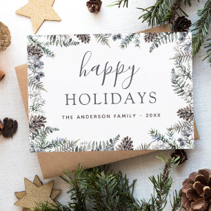 Happy Holidays Christmas Dusty Blue Greenery Holiday Card