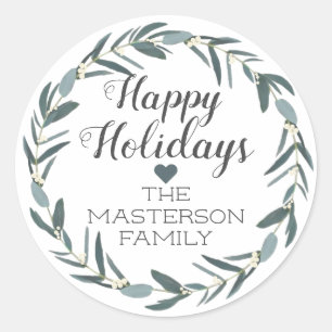 Happy Holidays Christmas Eucalyptus Wreath Classic Round Sticker