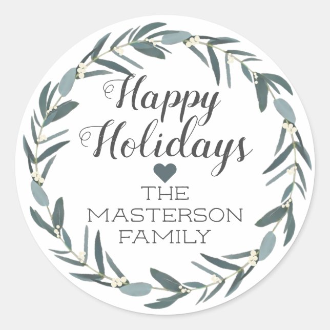 Happy Holidays Christmas Eucalyptus Wreath Classic Round Sticker (Front)
