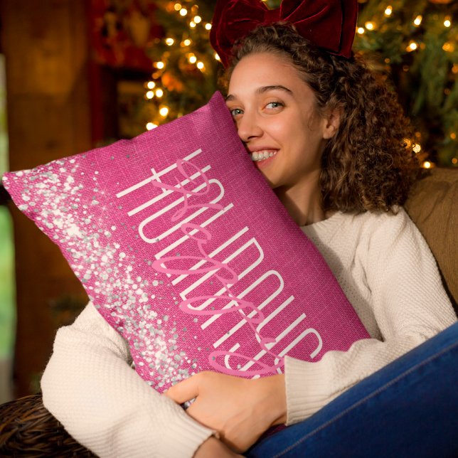 Happy Holidays Christmas Girly Pink Glitter Lumbar Cushion (Creator Uploaded)
