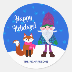 Happy Holidays Christmas Gnome Fox Snowflakes Blue Classic Round Sticker