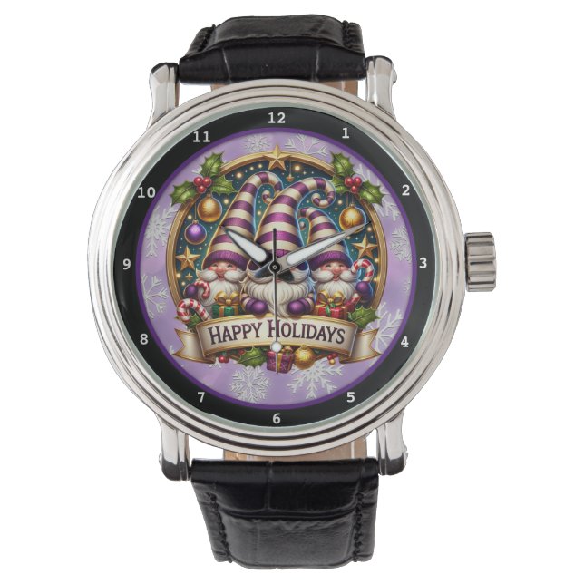 Happy Holidays Christmas Gnomes Decorative  Watch (Front)