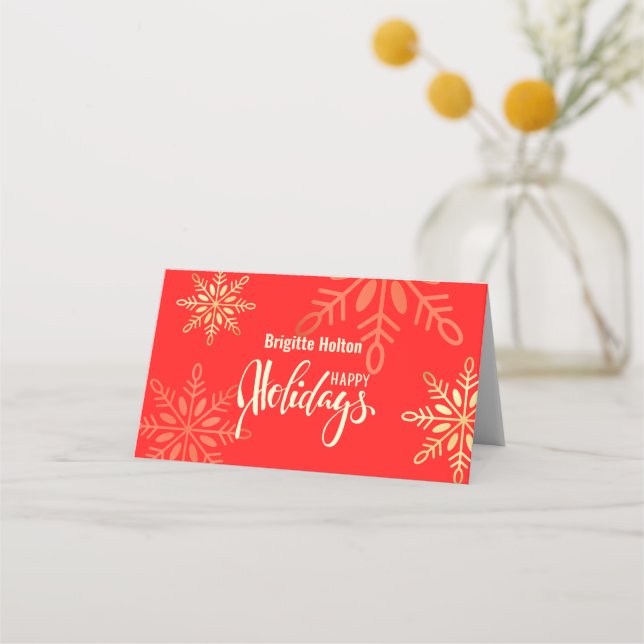 Happy holidays Christmas gold, red place card (Front)