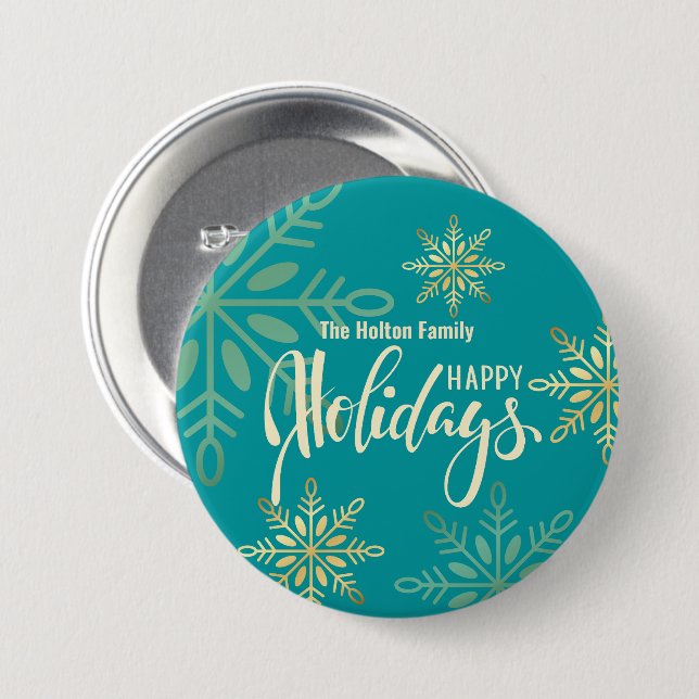 Happy holidays Christmas gold snowflakes green 7.5 Cm Round Badge (Front & Back)