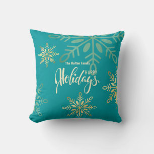 Happy holidays Christmas gold snowflakes green Cushion