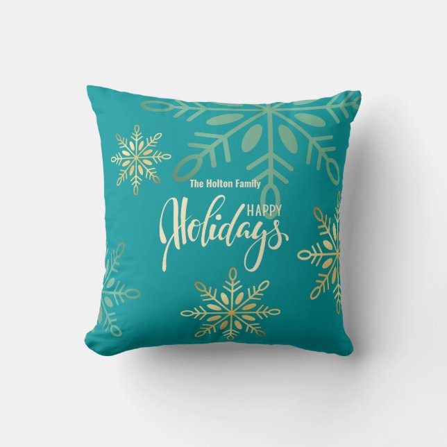 Happy holidays Christmas gold snowflakes green Cushion (Front)