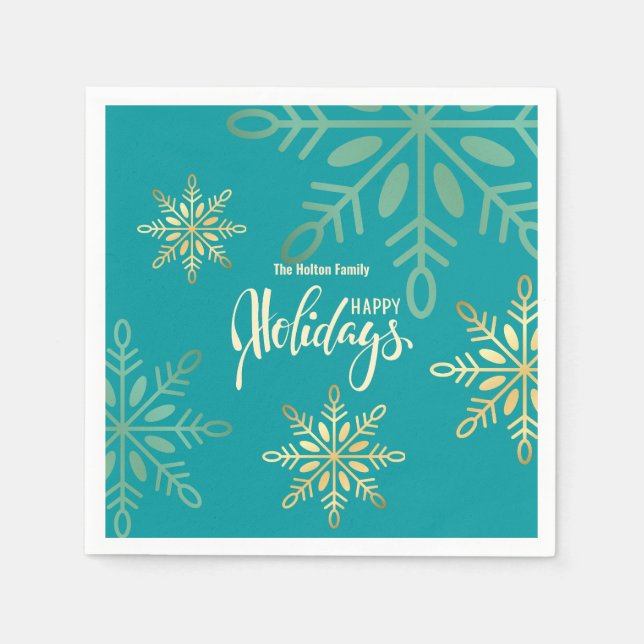 Happy holidays Christmas gold snowflakes green Napkin (Front)