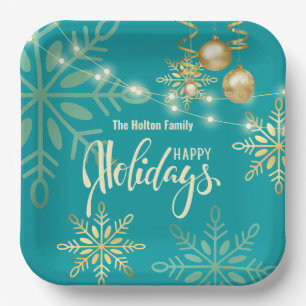 Happy holidays Christmas gold snowflakes green Paper Plate