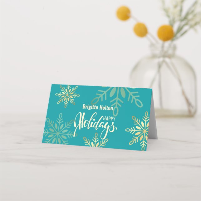 Happy holidays Christmas, gold snowflakes green Place Card (Front)