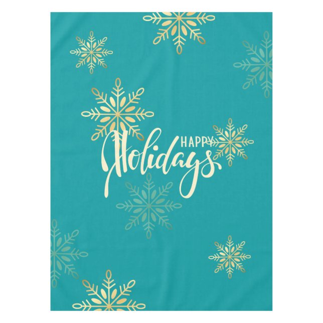 Happy holidays Christmas gold snowflakes green Tablecloth (Front)