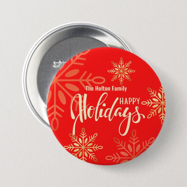 Happy holidays Christmas gold snowflakes red 7.5 Cm Round Badge (Front & Back)