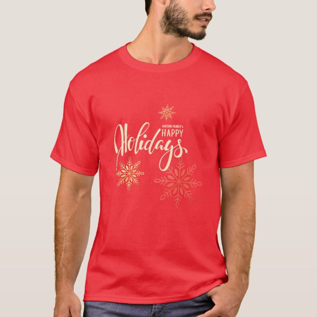 Happy holidays Christmas gold snowflakes red T-Shirt (Front)