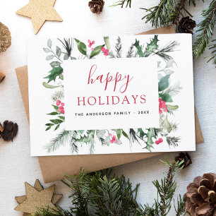 Happy Holidays Christmas Greenery Red Card