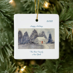 Happy Holidays Christmas Holiday Snowy Cottage   Ceramic Ornament