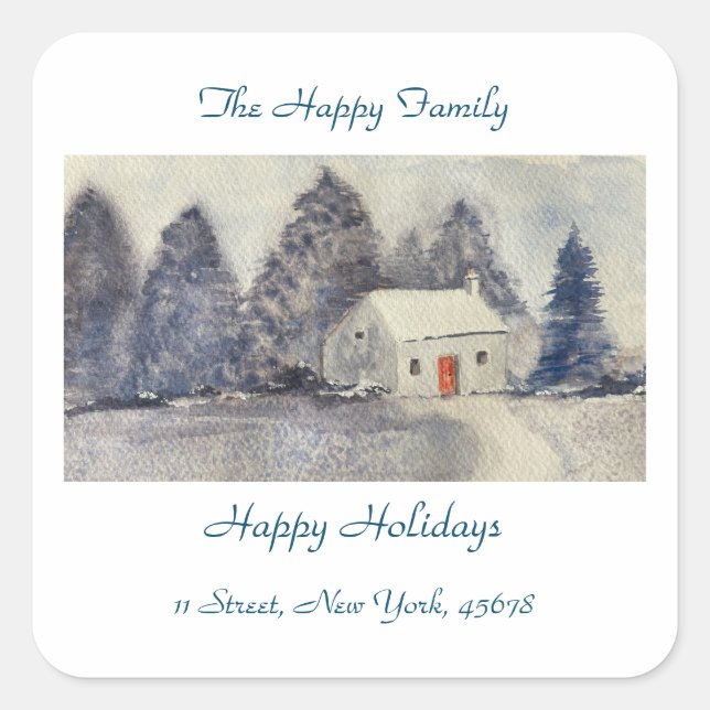 Happy Holidays Christmas Holiday Snowy Cottage Square Sticker (Front)