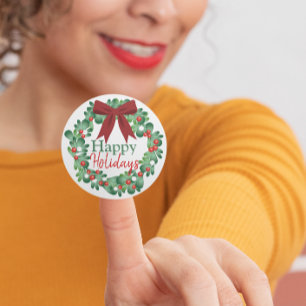 Happy Holidays Christmas Holly Wreath Classic Round Sticker