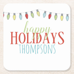 Happy Holidays Christmas Lights Personalised Square Paper Coaster