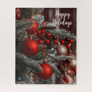 Happy Holidays Christmas Ornaments Hanging on Tree Jigsaw Puzzle
