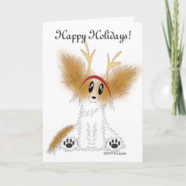 Happy Holidays Christmas Papillon Puppy Card (Front)