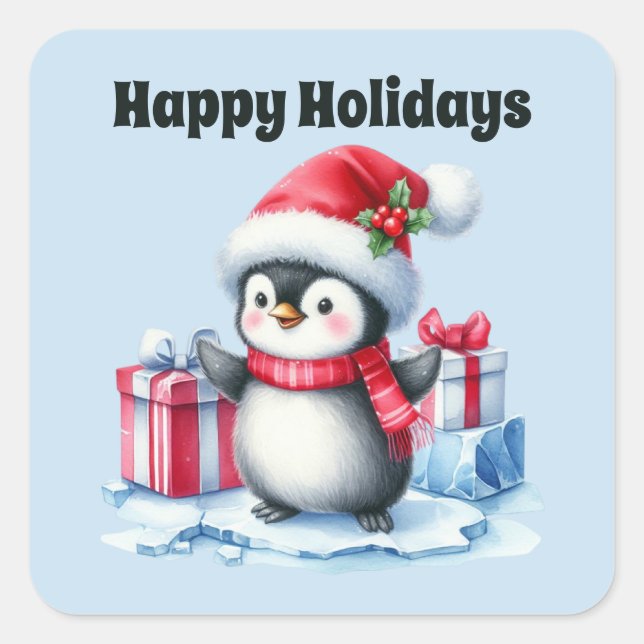 Happy Holidays Christmas penguin Square Sticker (Front)