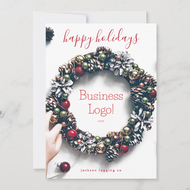 "Happy Holidays" Christmas Photo Garland Wreath Holiday Card (Front)