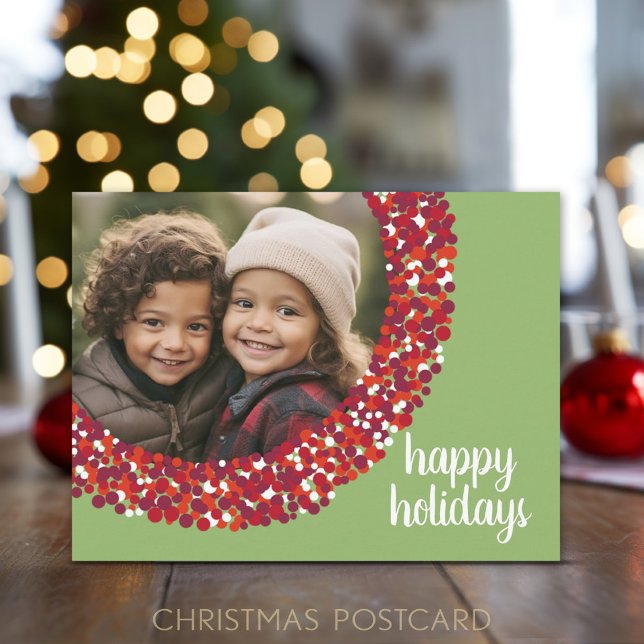 Happy Holidays - Christmas Photo Green red berry Holiday Postcard (Add 1 photo to this festive lime green and red berry holiday postcard)