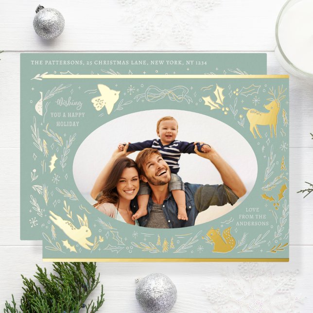 Happy Holidays Christmas Photo Woodland Doodle Foil Holiday Postcard (Creator Uploaded)