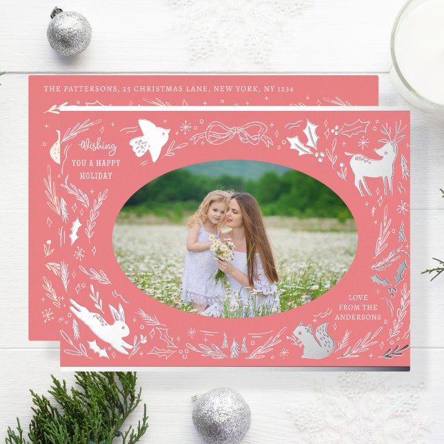 Happy Holidays Christmas Photo Woodland Doodle Foil Holiday Postcard (Creator Uploaded)